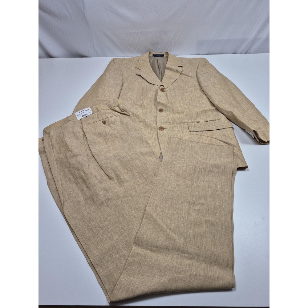 VTG Haspel Suit Men's 44 Beige 100% Linen 2 Piece 38x36 Manor Pleated NWT